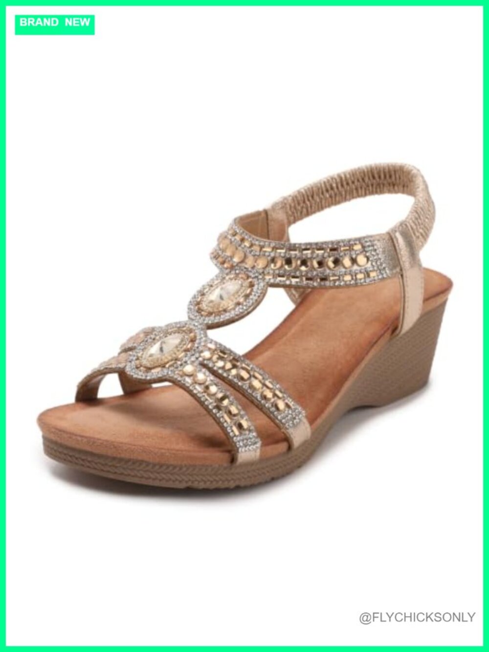 Womens Wedge Sandals Rhinestone Elastic Ankle Strap Open Toe Low Heel Summer